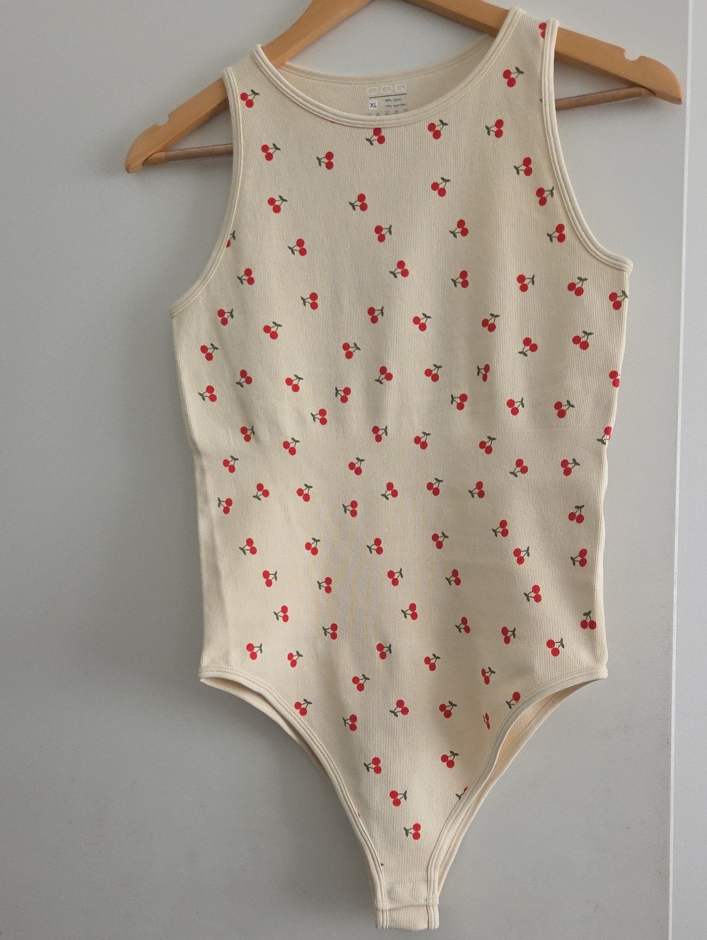 OQQ XL Cream Cherry-Print One-Piece Bodysuit NEW